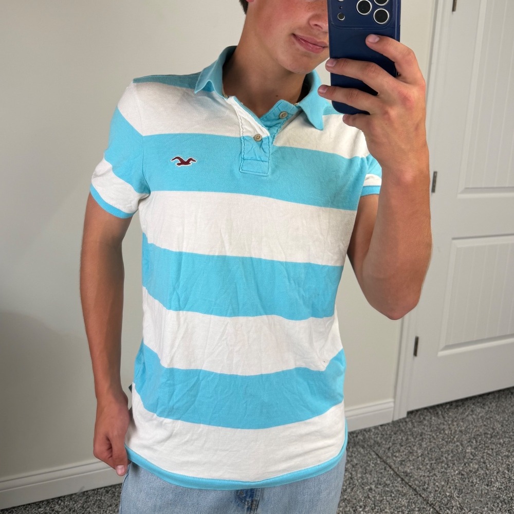 Hollister Vintage Surf Polo Shirt Blue White Striped Slim Fit Large Y2K